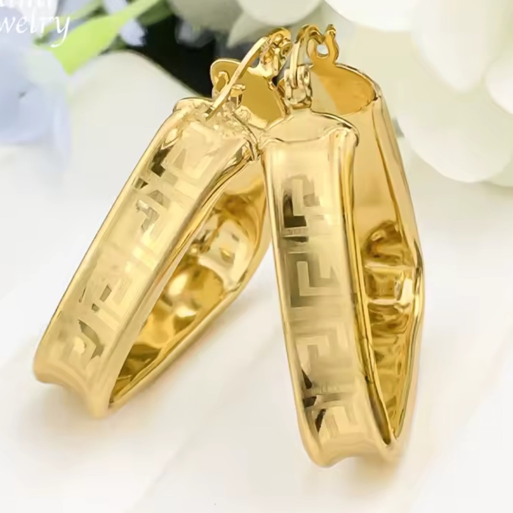 Greek Key Meander Pattern Gold Hoops - Picture 4 of 16